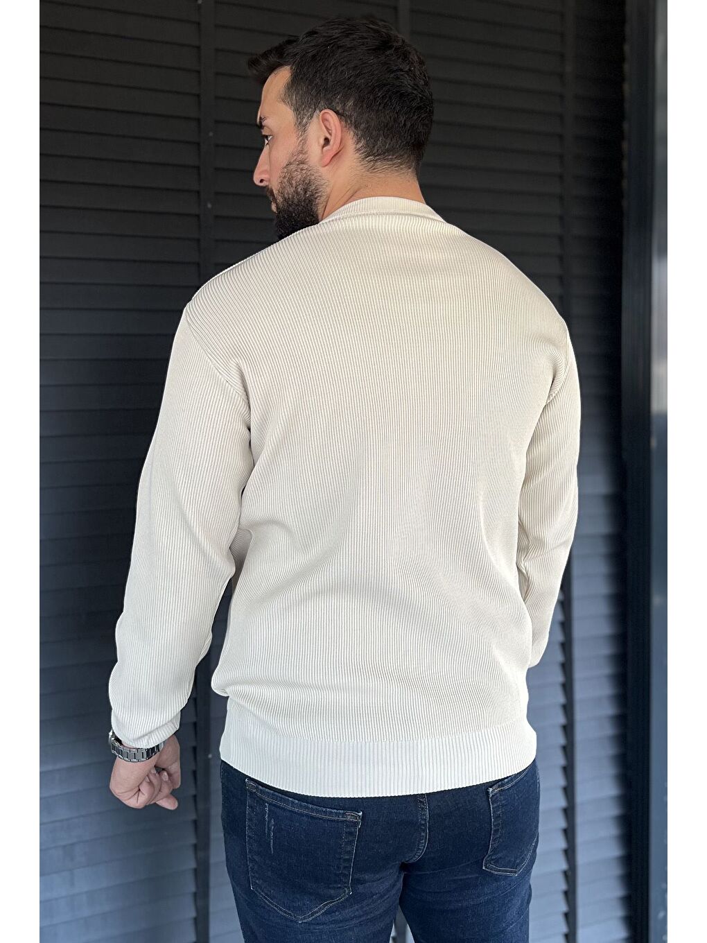 Bej Bisiklet Yaka Desenli Erkek Triko Kazak-3