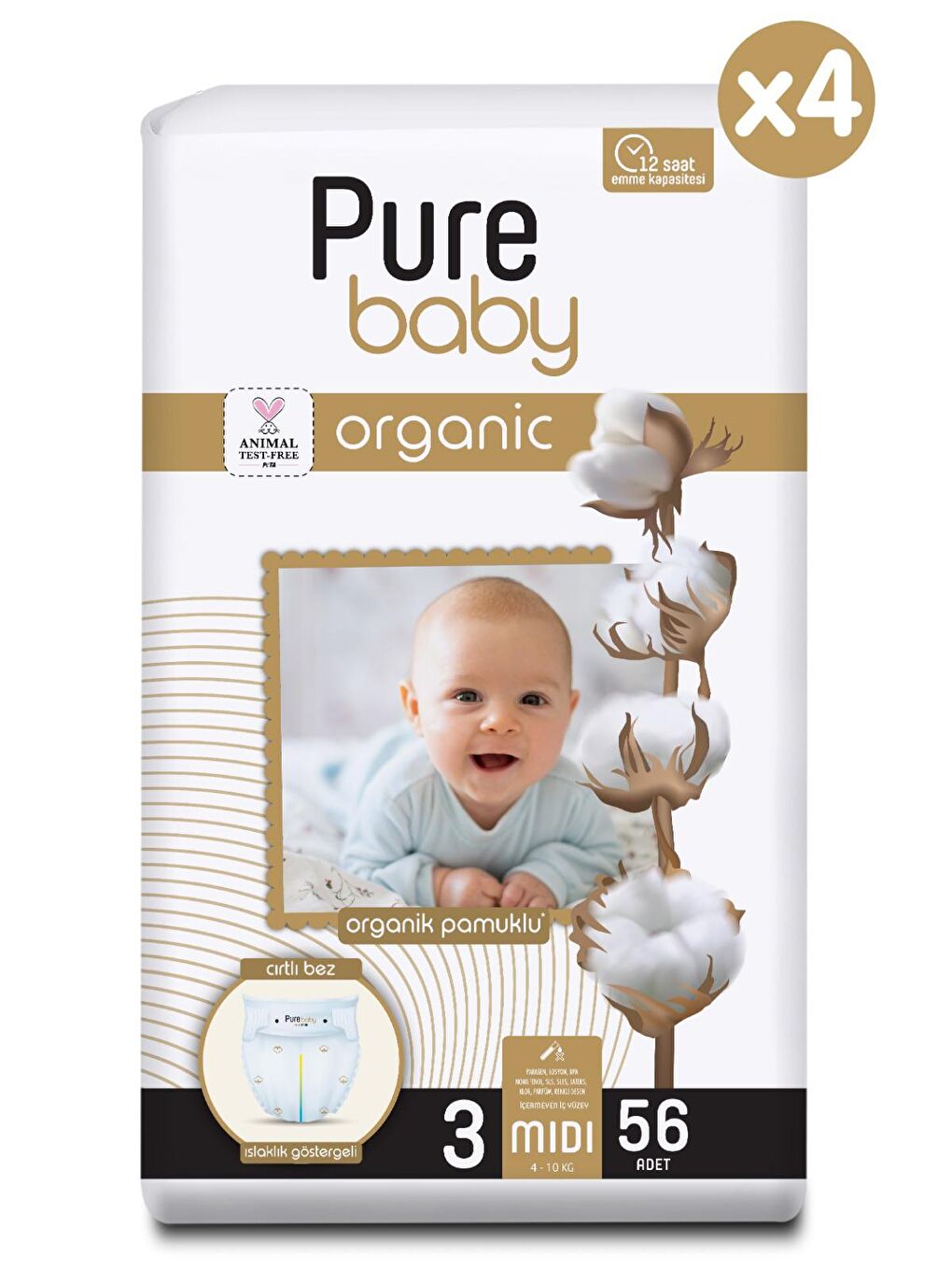 Pure Baby Renksiz Organik Pamuklu Cırtlı Bez 4'lü Paket 3 Numara Midi 224 Adet - 1