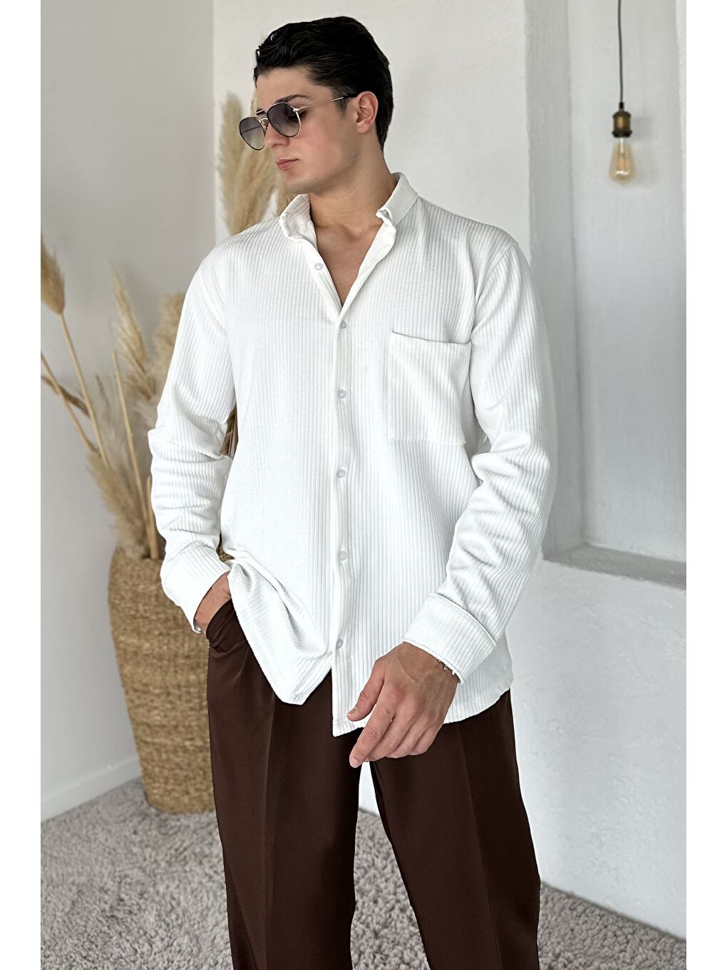 Ekru Erkek Cepli Uzun Kol Gömlek