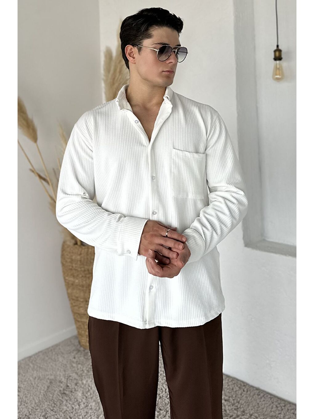 Ekru Erkek Cepli Uzun Kol Gömlek-1