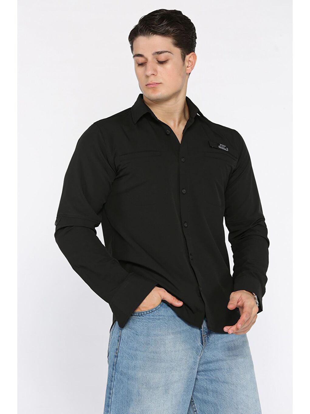 Siyah Erkek Çift Cepli Gömlek-1