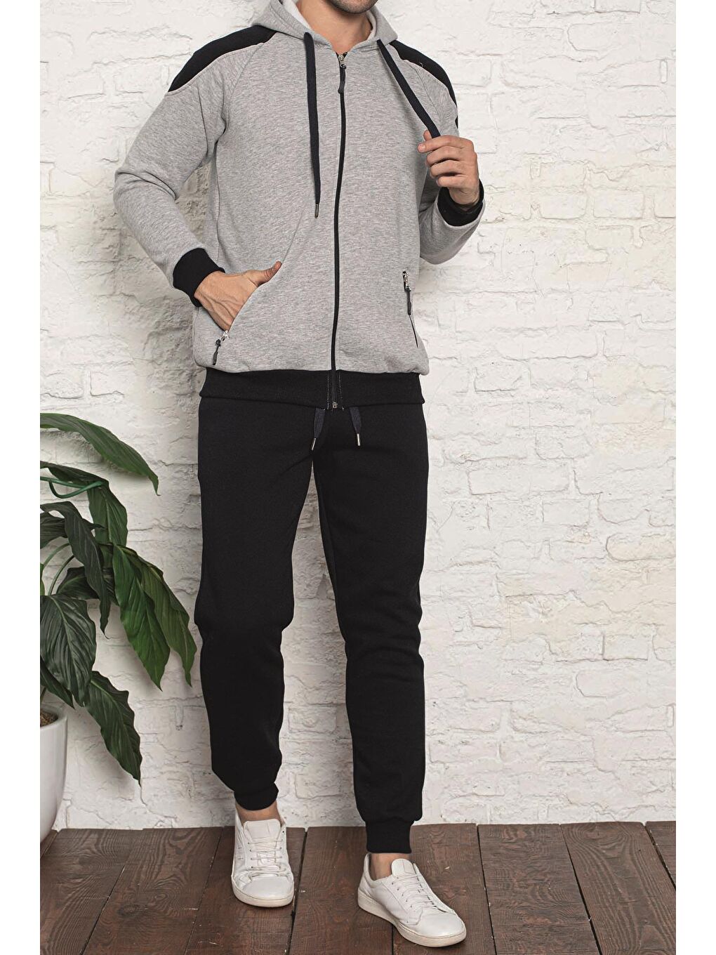 Karışık Erkek Pijama Takımı Uzun Kollu Cepli Pamuk Kapüşonlu Polar Fermuarlı 3 İplik