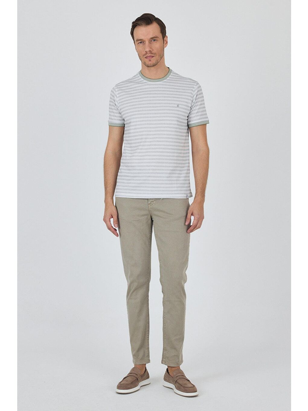 Yeşil Kısa Kol Çizgili Desen Suprem Bisiklet Yaka Cepsiz Slim Fit Tişört 1011250106-1