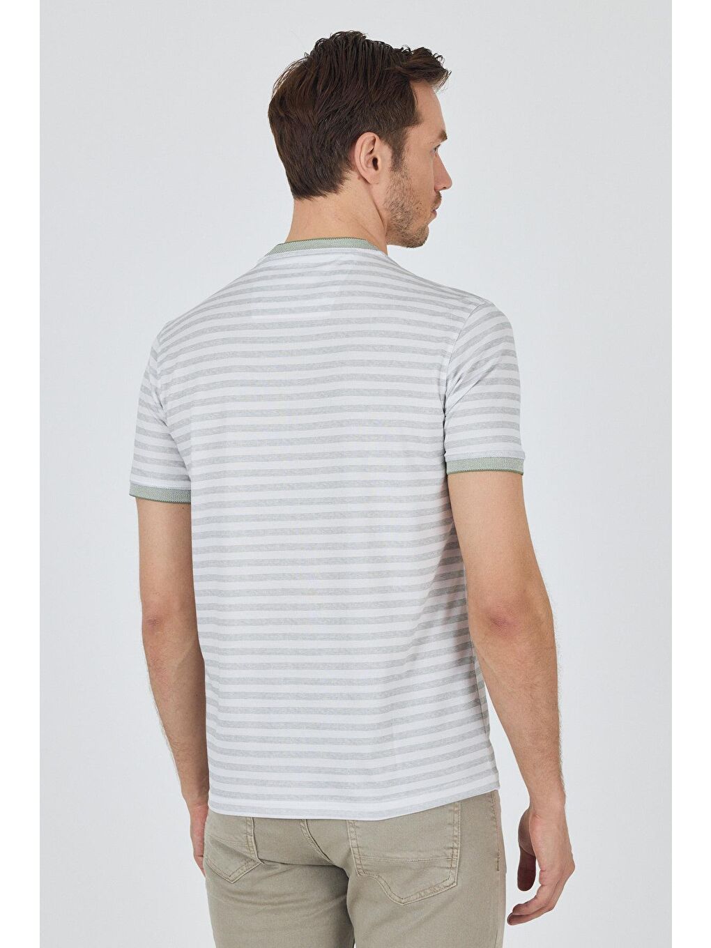 Yeşil Kısa Kol Çizgili Desen Suprem Bisiklet Yaka Cepsiz Slim Fit Tişört 1011250106-4