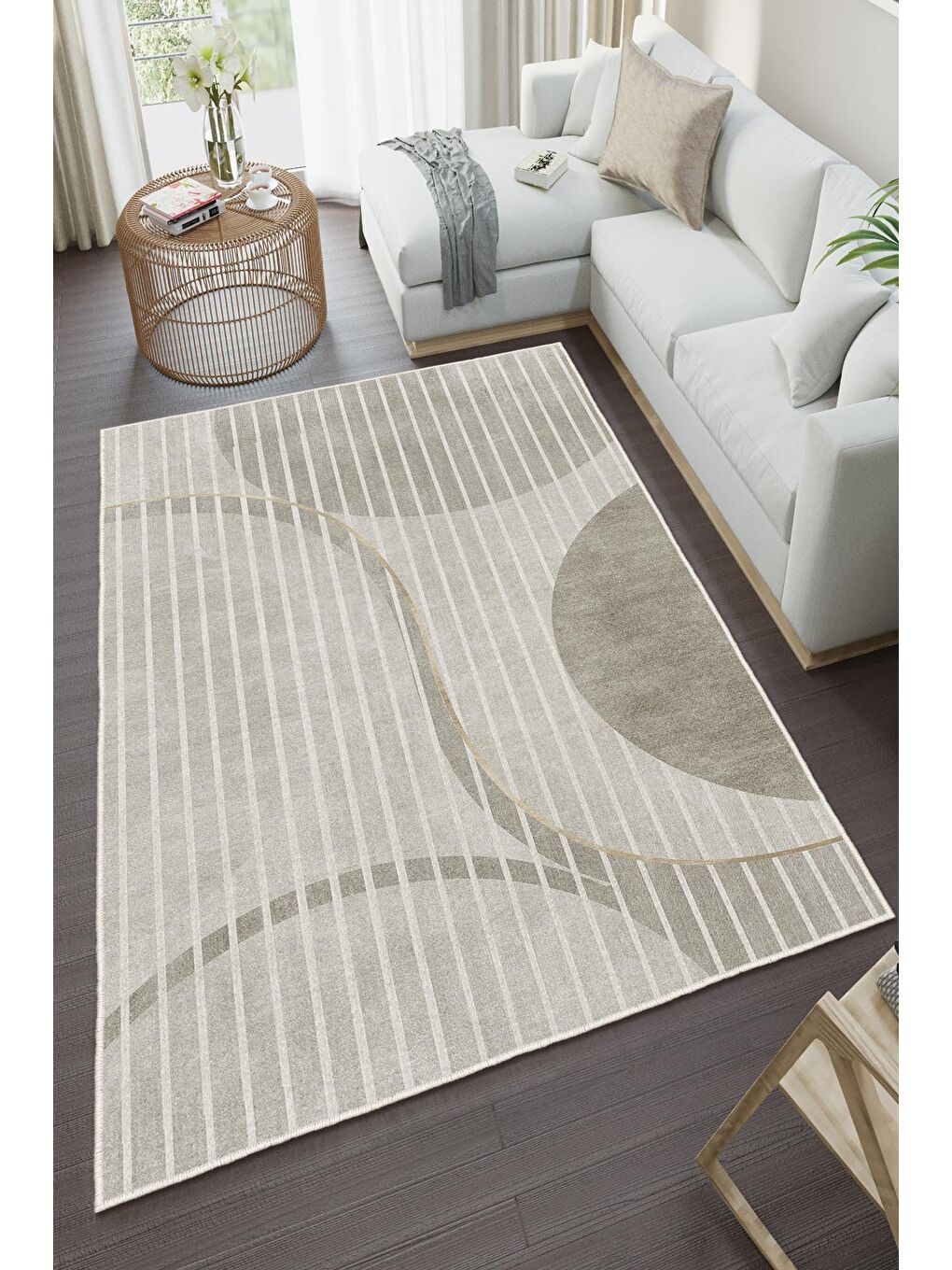 Bej Özel Tasarım, Kaymaz Taban, İnce, Yıkanabilir, Modern Halı WOOKECE1501 60x100-2