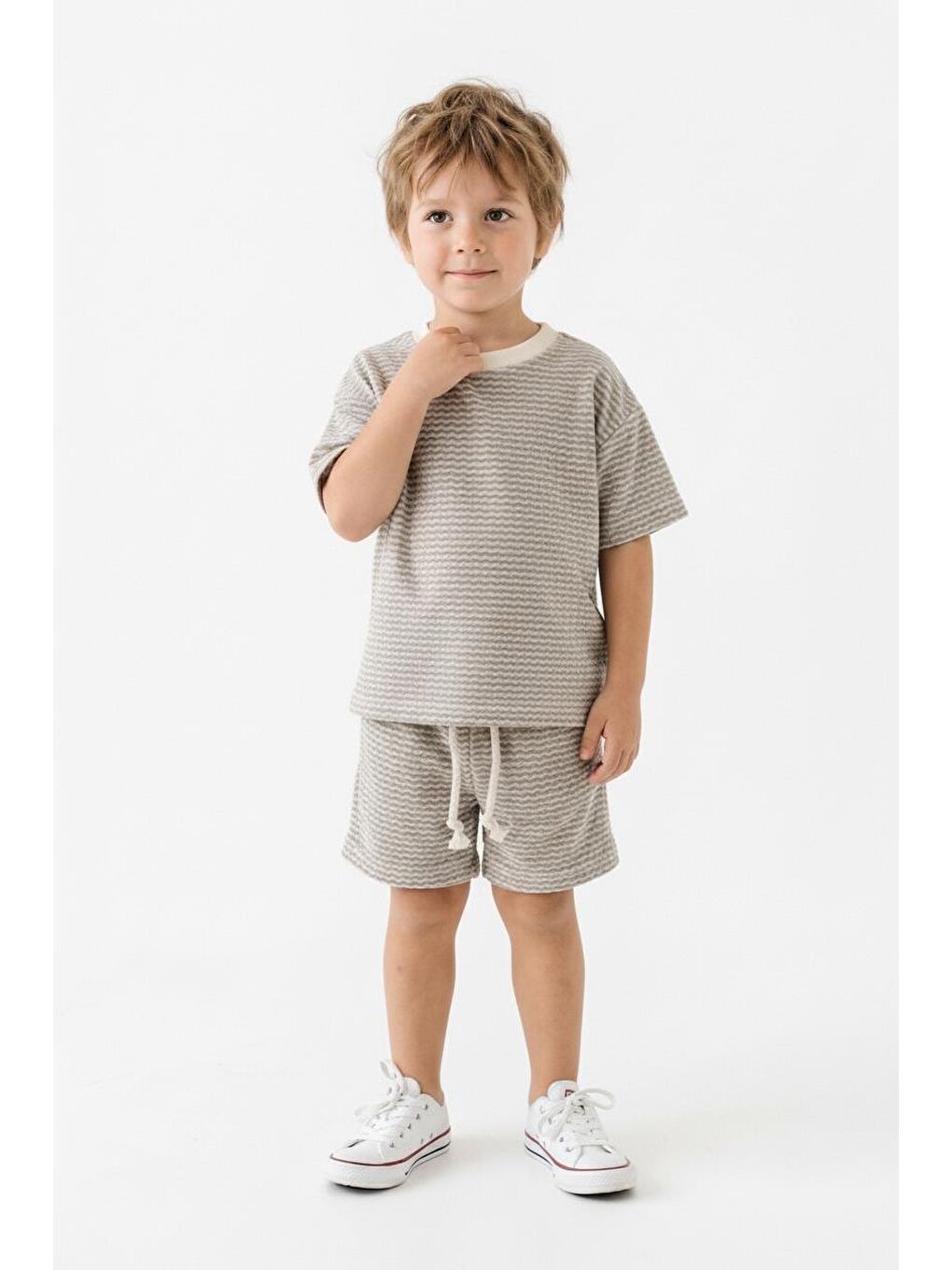 Bej Desenli Şort Tişört 2li Takım-3