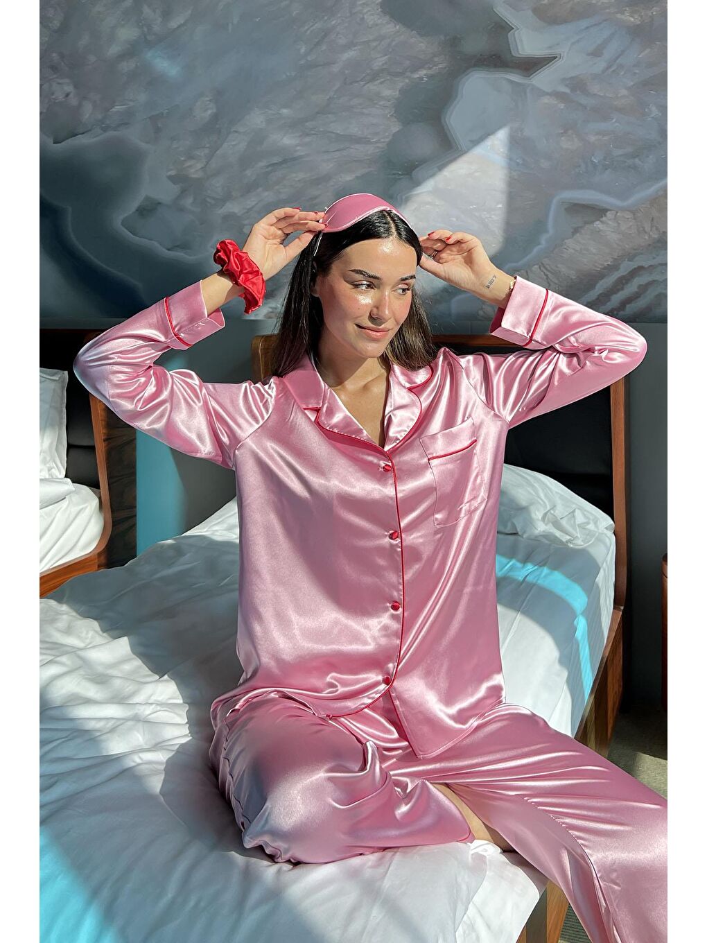 For You Moda Pembe 5'li Bustiyerli Biyeli Pembe Saten Pijama Takımı - 1