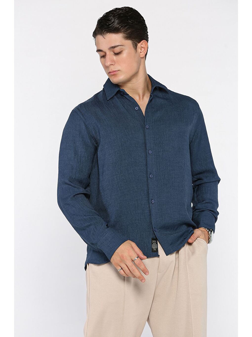 Lacivert Erkek Ön Düğmeli Gömlek-1