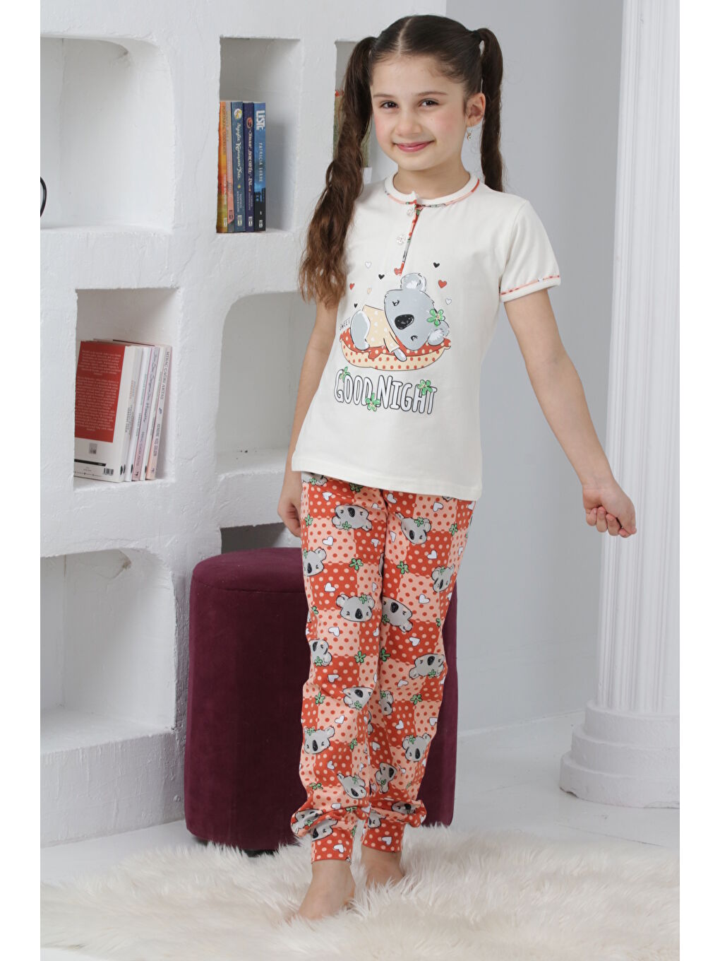 Kapi Kids Ekru Kız Çocuk Ayıcık Baskılı - 2 Düğmeli Pijama Takımı 7-11 Yaş Mnx6065