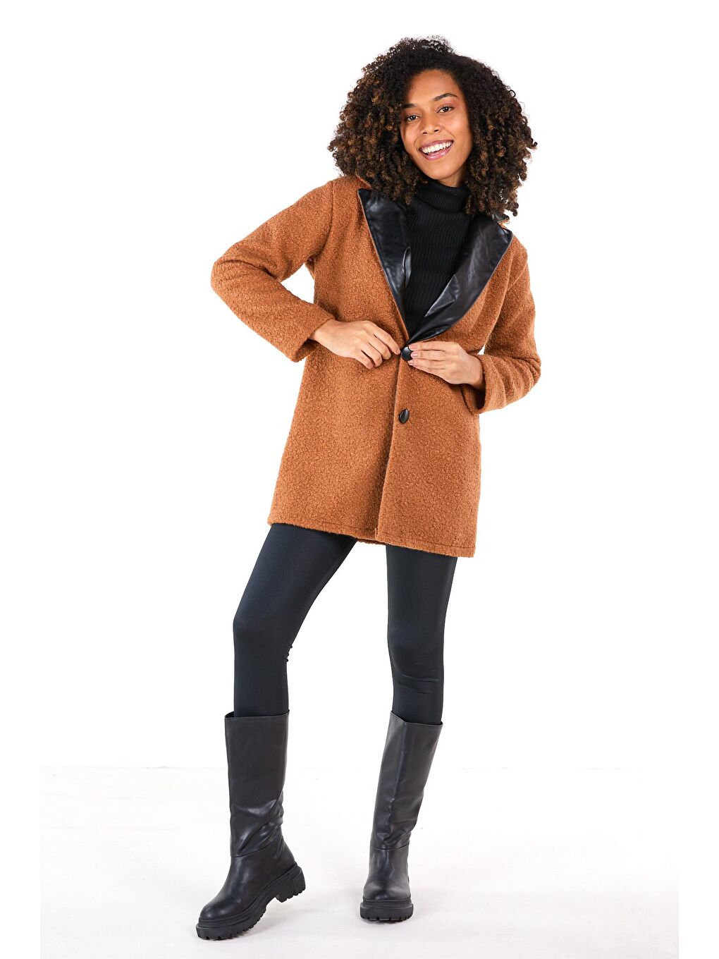 Kahverengi Ceket Yaka Kadın Taba Kaşe Kaban - 23437