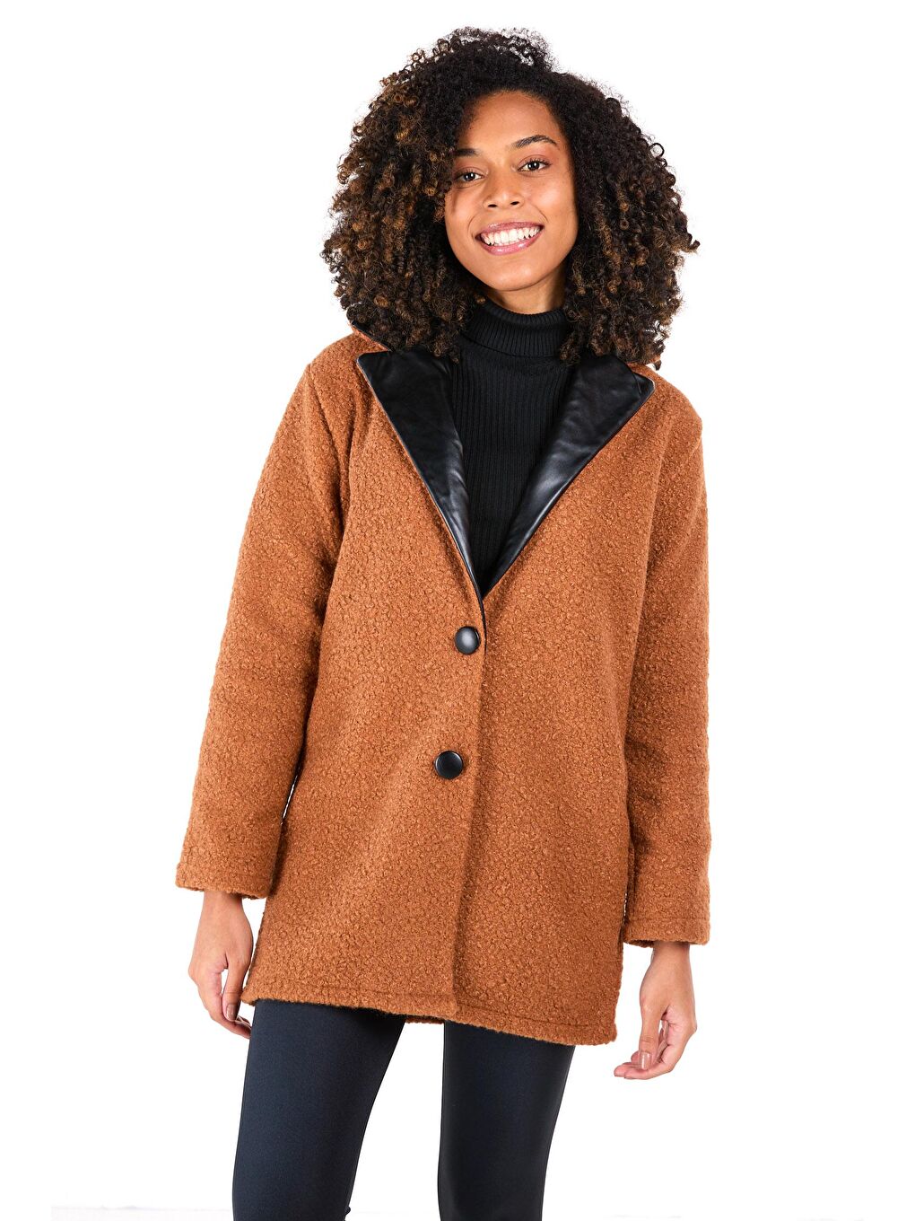 Kahverengi Ceket Yaka Kadın Taba Kaşe Kaban - 23437-1