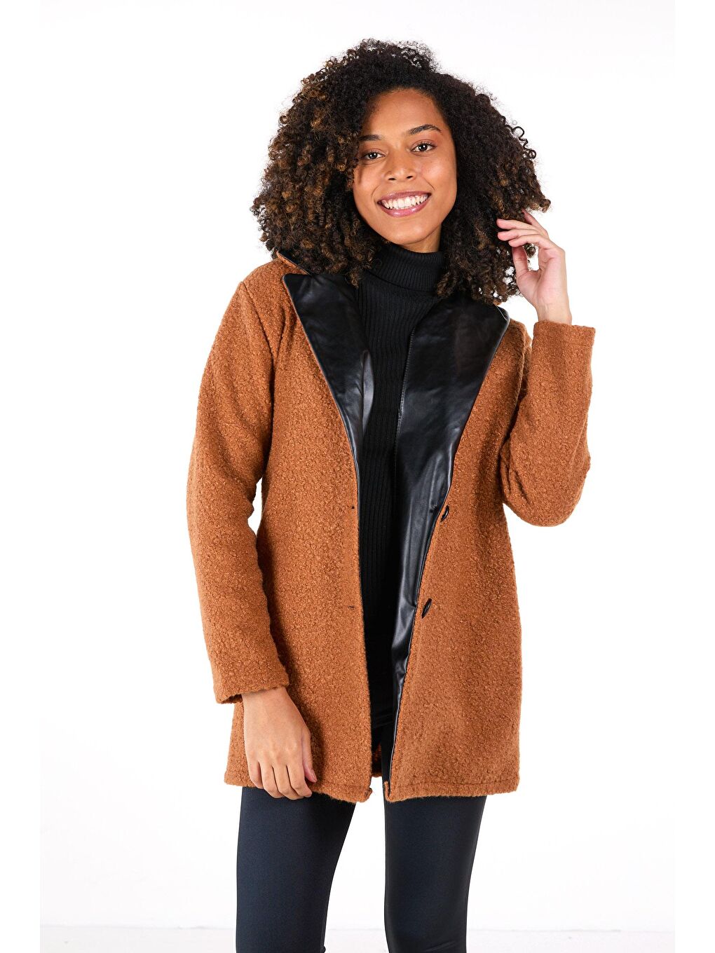 Kahverengi Ceket Yaka Kadın Taba Kaşe Kaban - 23437-2