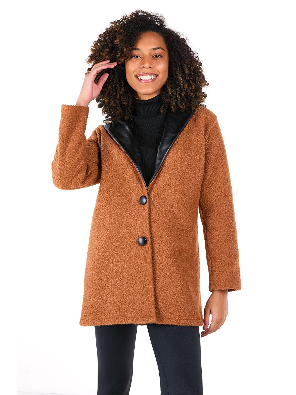 Kahverengi Ceket Yaka Kadın Taba Kaşe Kaban - 23437-3