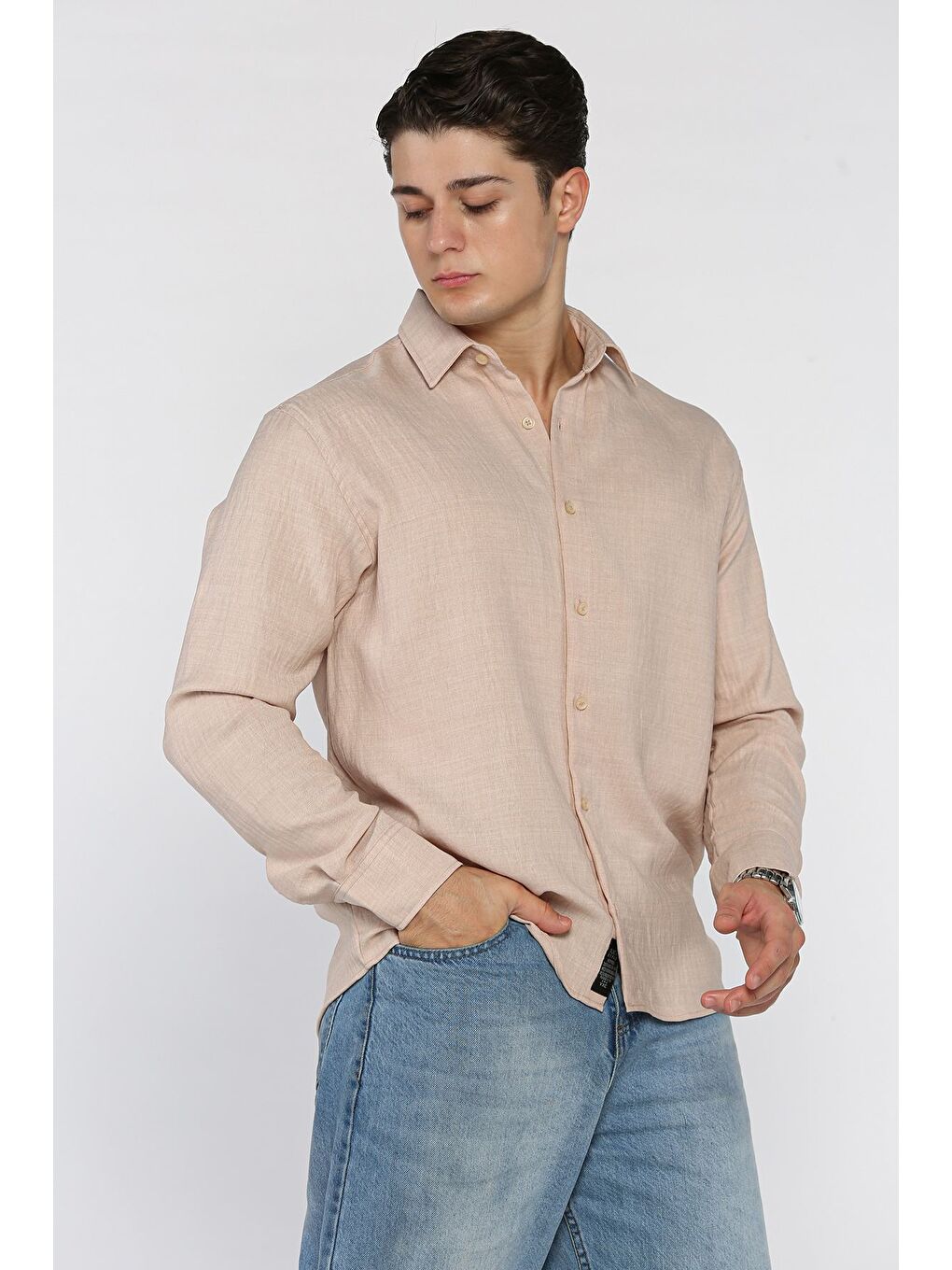 Bej Erkek Ön Düğmeli Gömlek-1