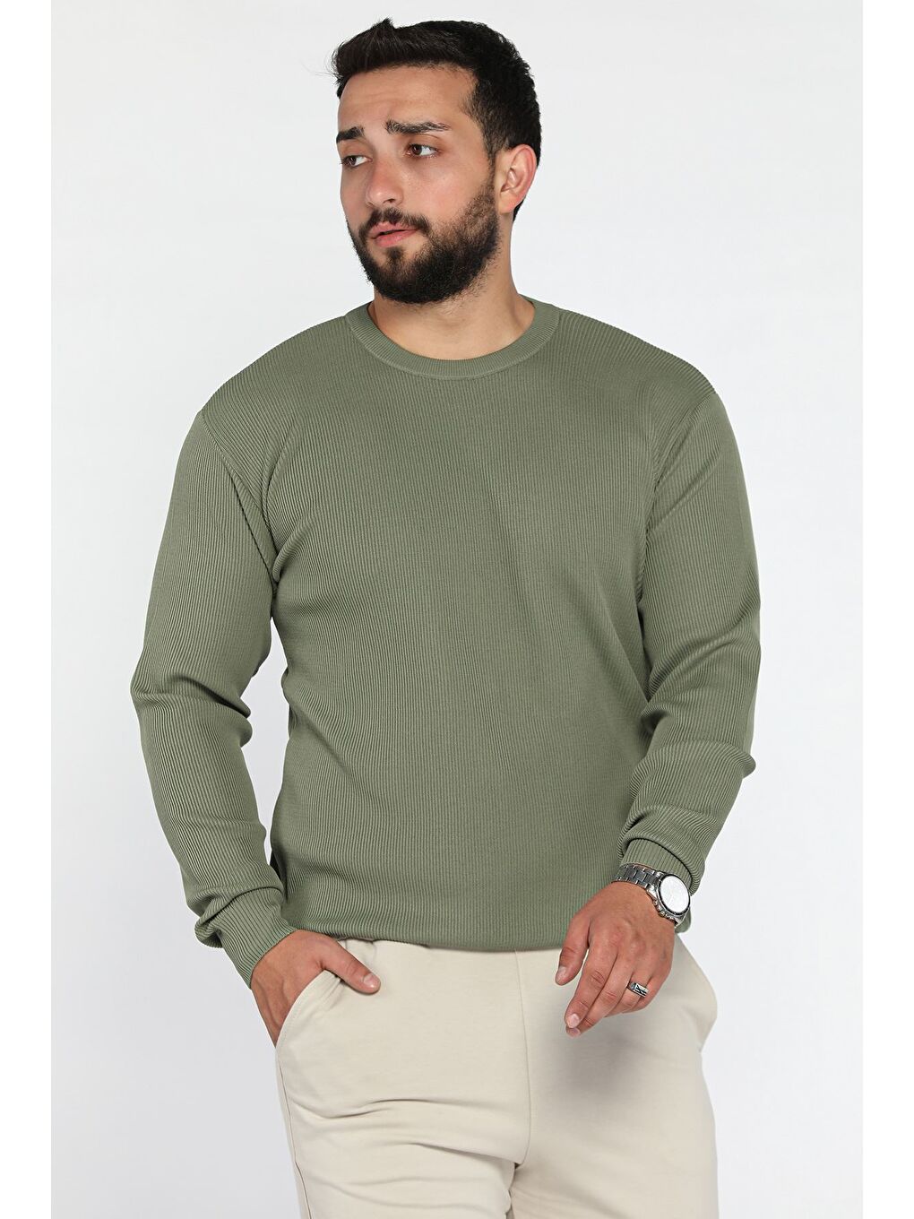 Haki Bisiklet Yaka Desenli Erkek Triko Kazak