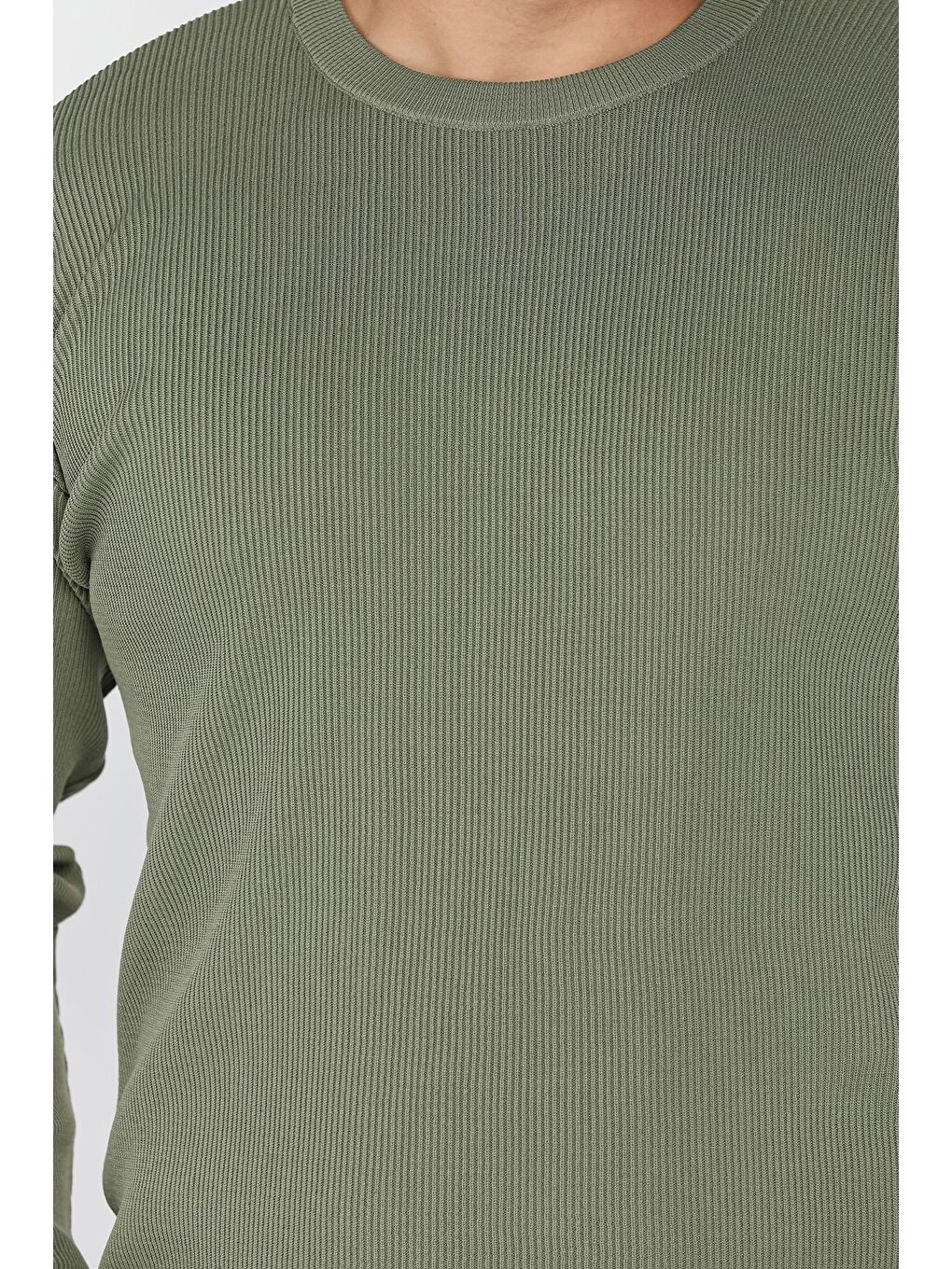 Haki Bisiklet Yaka Desenli Erkek Triko Kazak-3