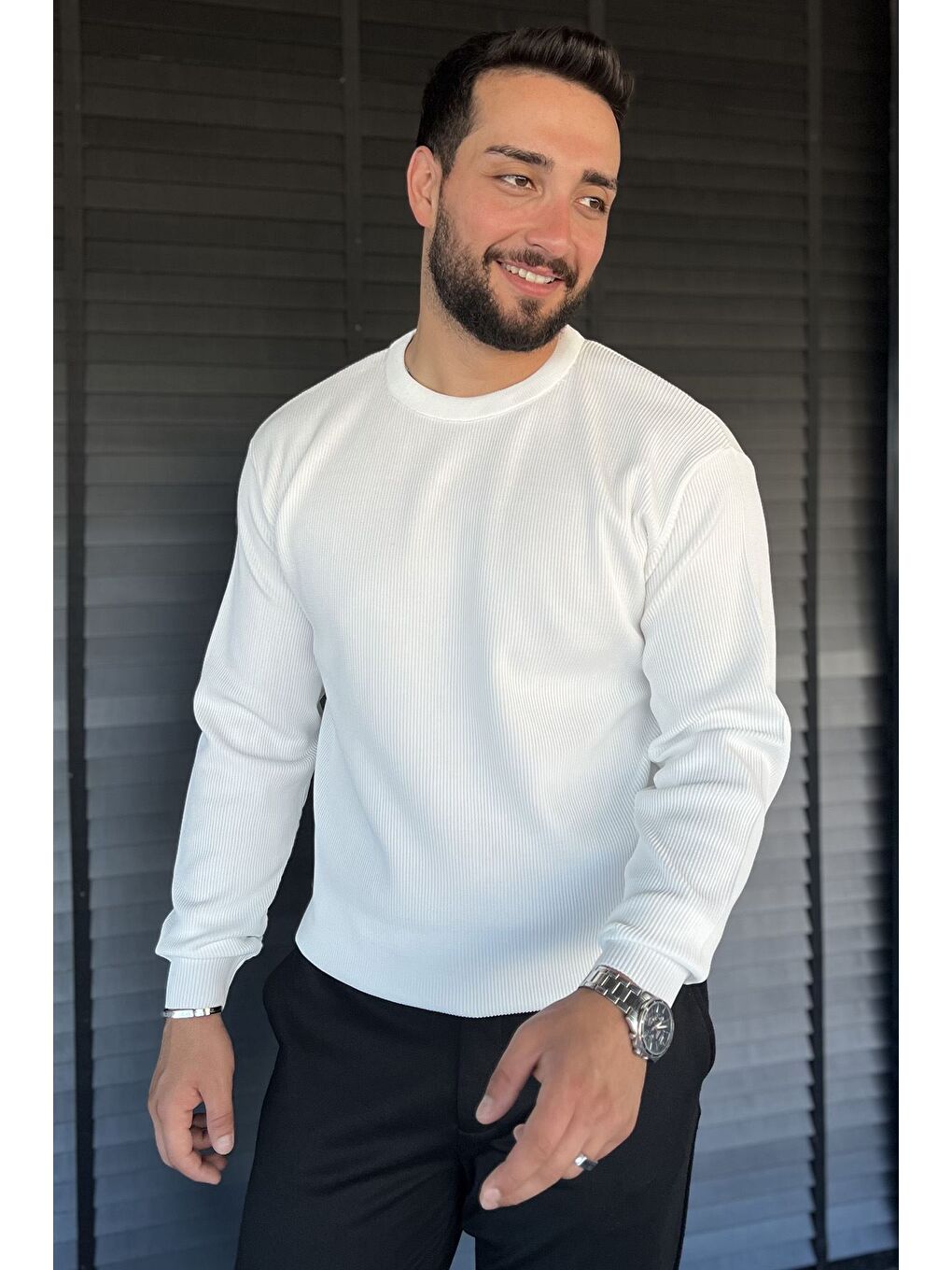 Ekru Bisiklet Yaka Desenli Erkek Triko Kazak