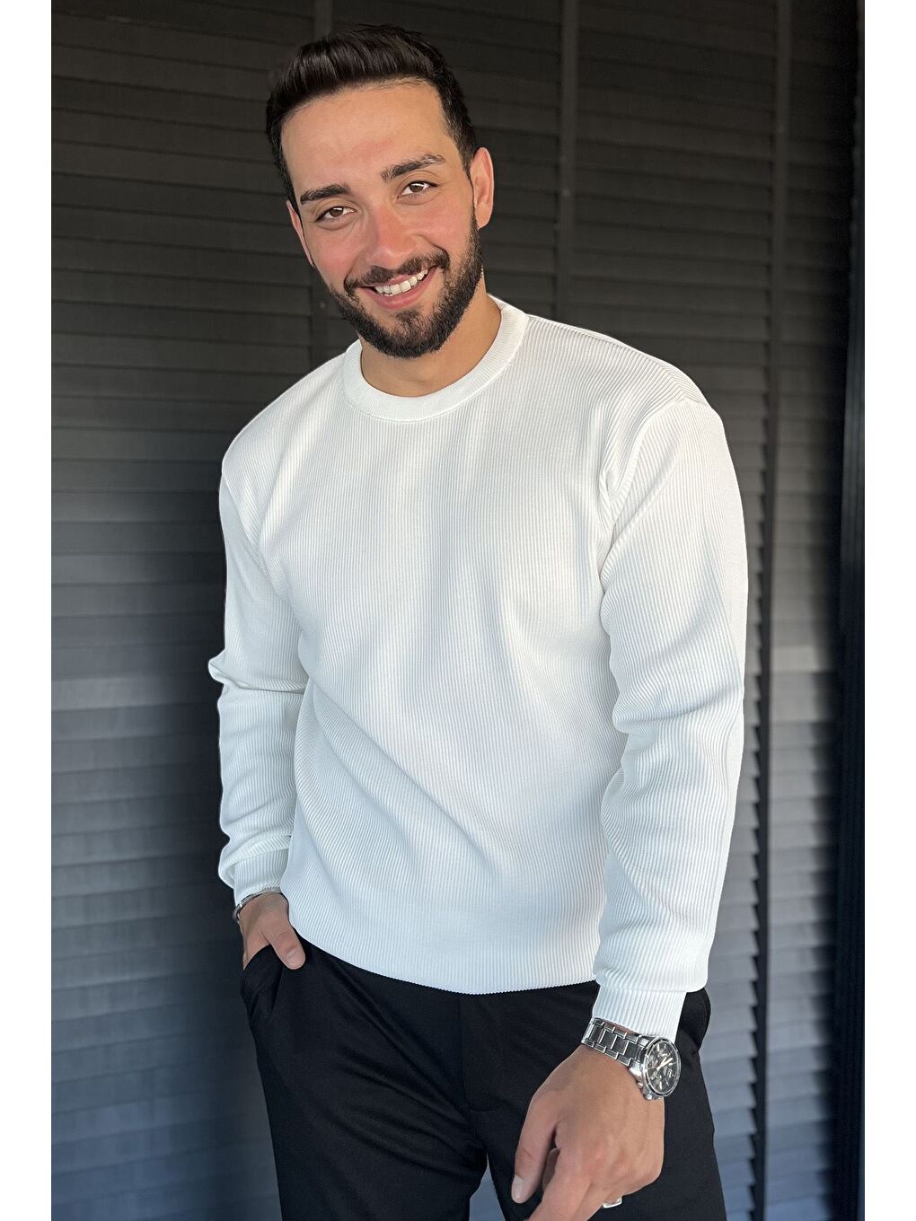 Ekru Bisiklet Yaka Desenli Erkek Triko Kazak-1