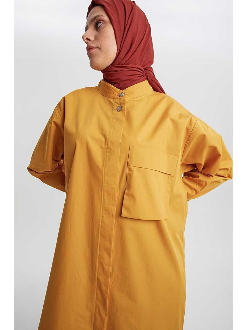 Sarı Hardal-%100 Pamuklu Hakim Yaka Tek Cepli Tunik