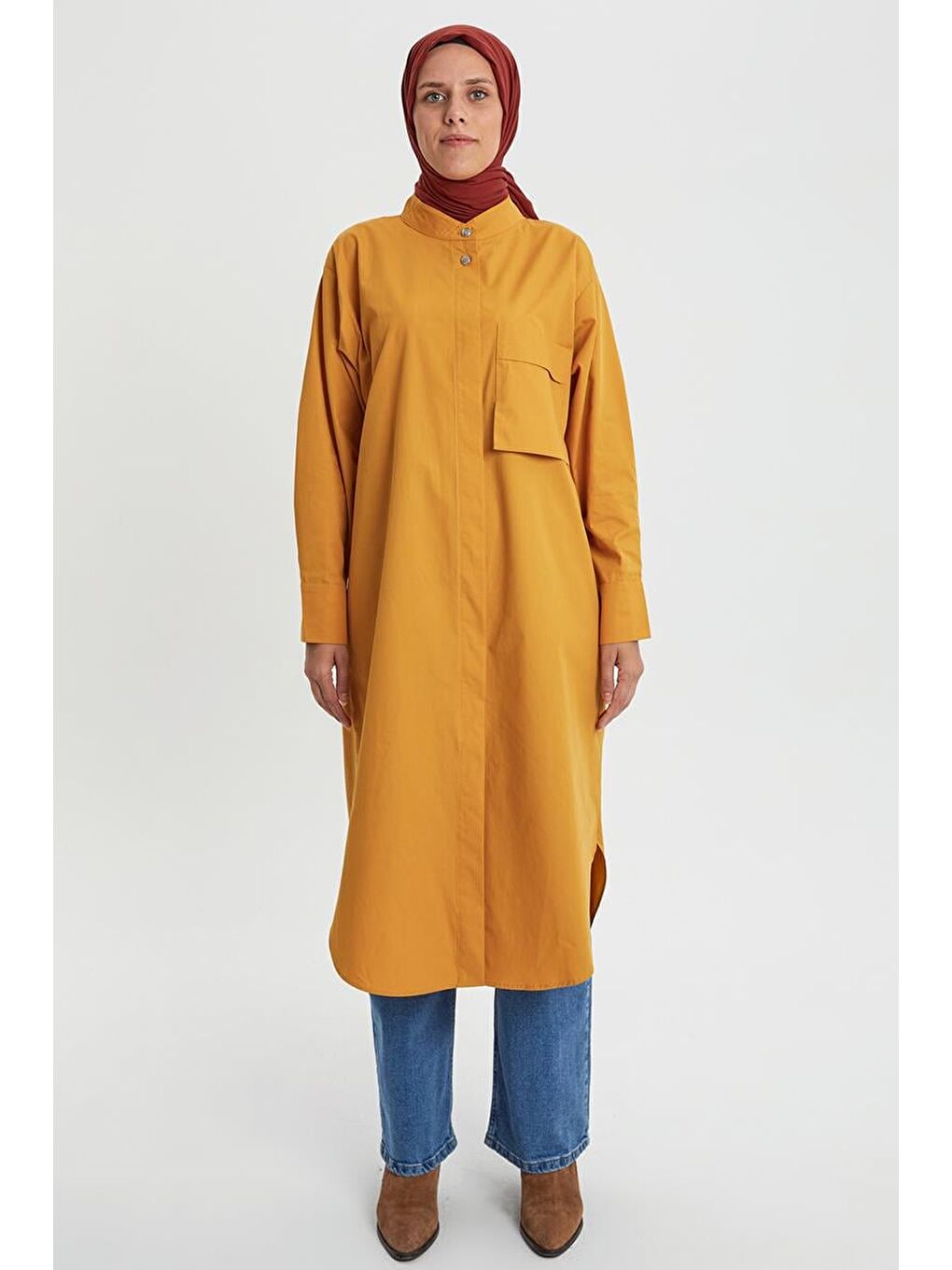 Sarı Hardal-%100 Pamuklu Hakim Yaka Tek Cepli Tunik-1