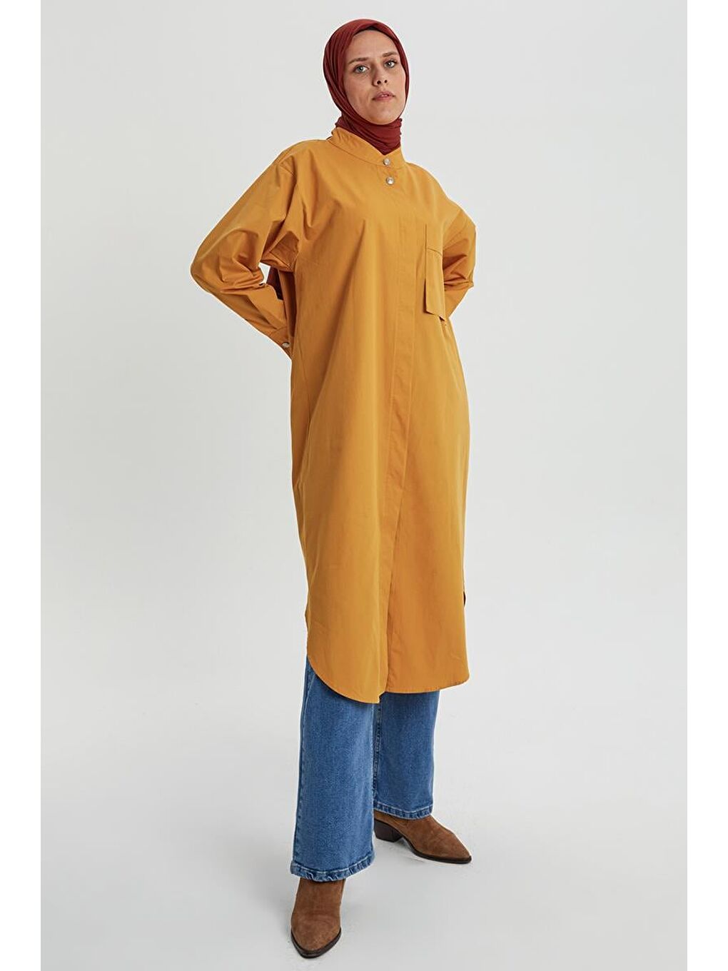 Sarı Hardal-%100 Pamuklu Hakim Yaka Tek Cepli Tunik-2