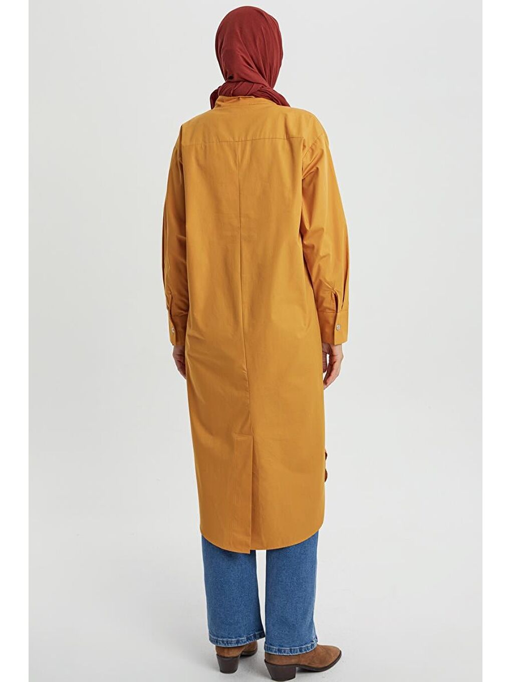 Sarı Hardal-%100 Pamuklu Hakim Yaka Tek Cepli Tunik-3