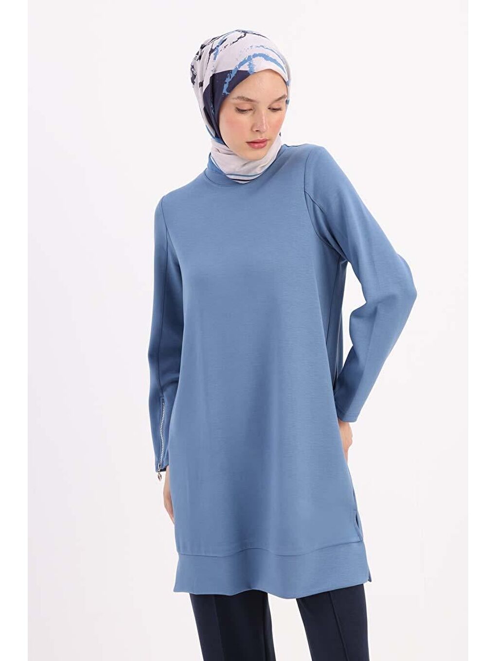 Mavi-Kolu Fermuarlı Tunik