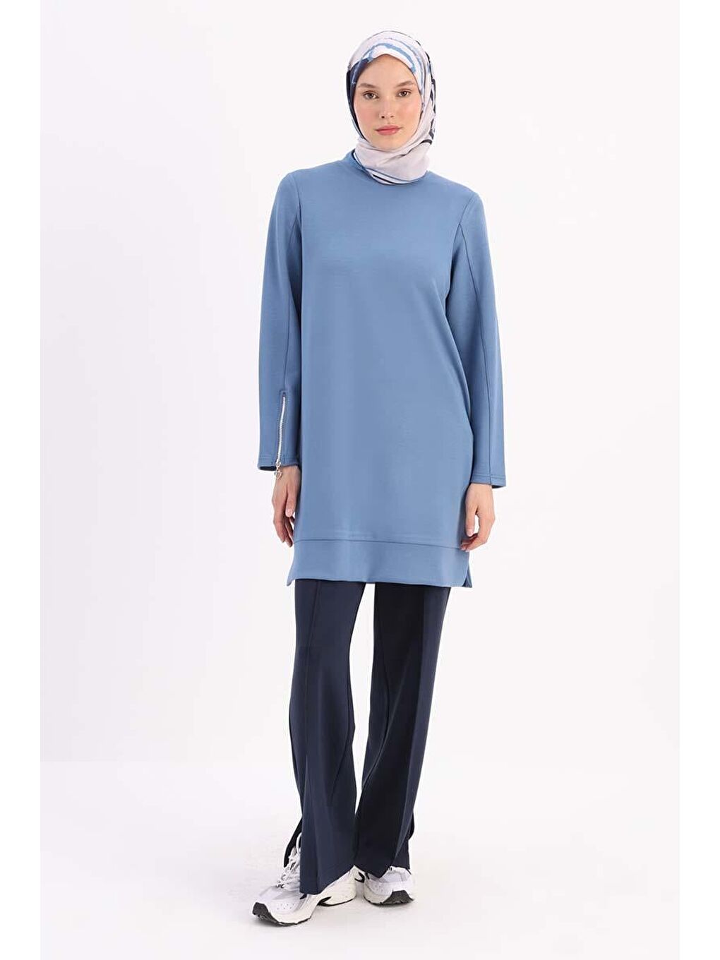 Mavi-Kolu Fermuarlı Tunik-1