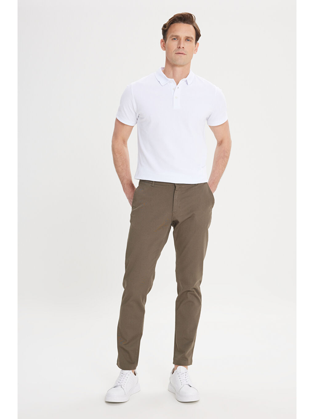 Erkek Haki Slim Fit Dar Kesim Yan Cep Pamuklu Esnek Chino Pantolon-3