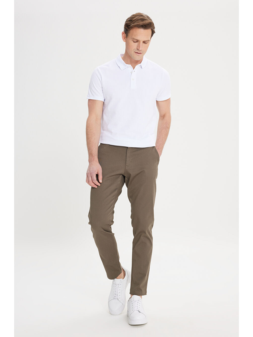 Erkek Haki Slim Fit Dar Kesim Yan Cep Pamuklu Esnek Chino Pantolon-4