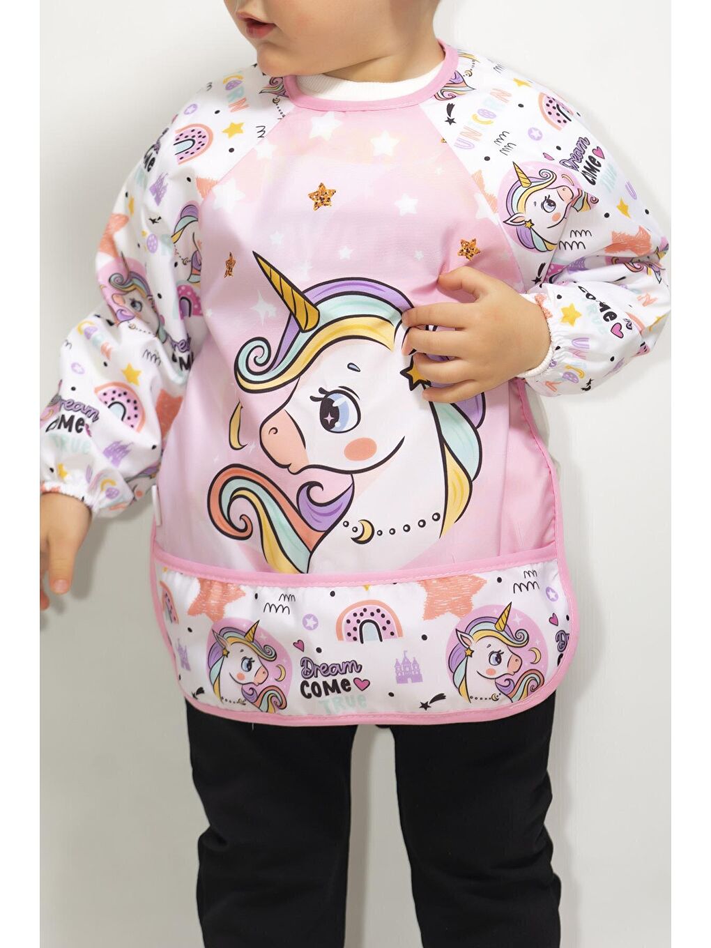 Mai Perla Pembe Unicorn Temalı Giyilebilir Su Geçirmez Mama Önlüğü - 1