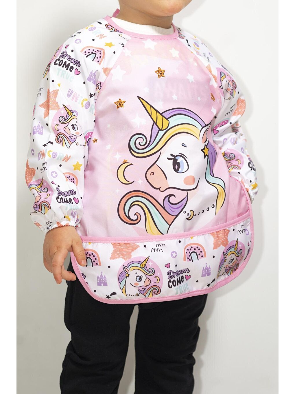 Mai Perla Pembe Unicorn Temalı Giyilebilir Su Geçirmez Mama Önlüğü - 2