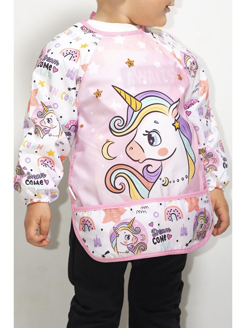 Mai Perla Pembe Unicorn Temalı Giyilebilir Su Geçirmez Mama Önlüğü - 3