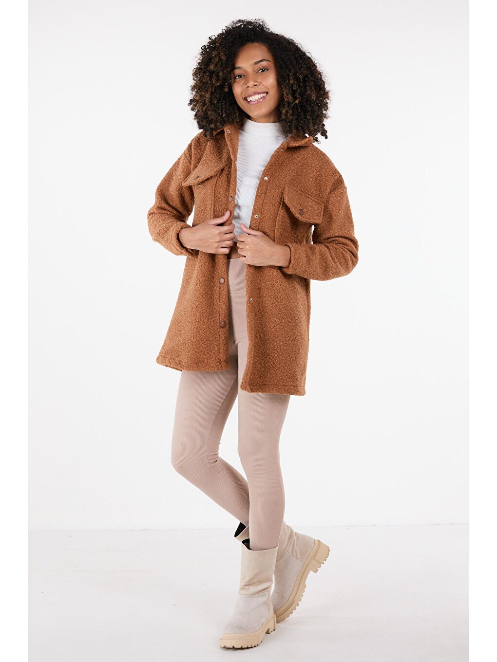 Kahverengi Gömlek Yaka Kadın Taba Kaşe Kaban - 23436