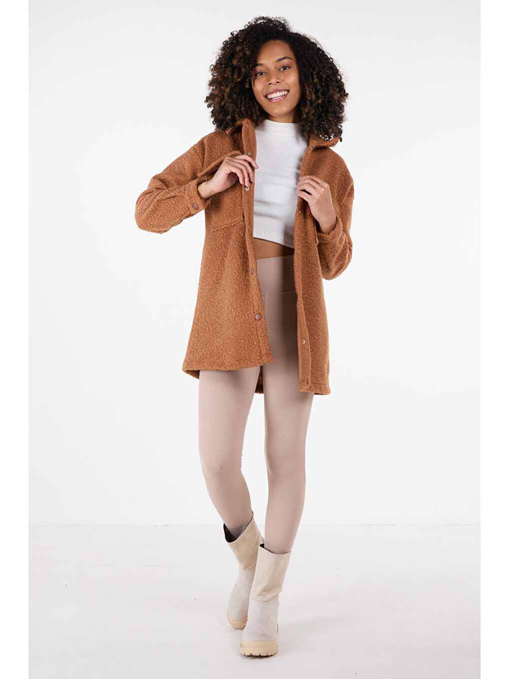 Kahverengi Gömlek Yaka Kadın Taba Kaşe Kaban - 23436-3