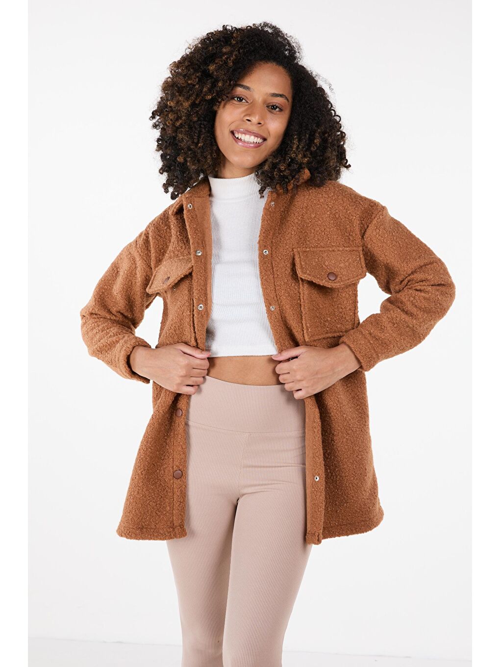 Kahverengi Gömlek Yaka Kadın Taba Kaşe Kaban - 23436-4