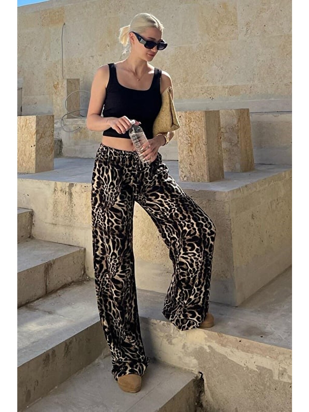 Koyu Siyah Ayarlanabilir Bel Leopar Desenli Bol Paça Pantolon Mg2095-3