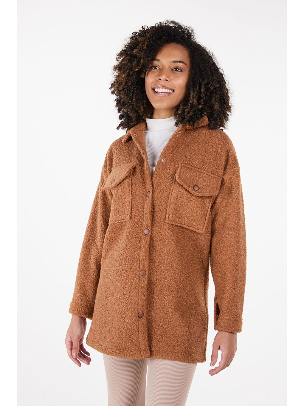 Kahverengi Gömlek Yaka Kadın Taba Kaşe Kaban - 23436-6