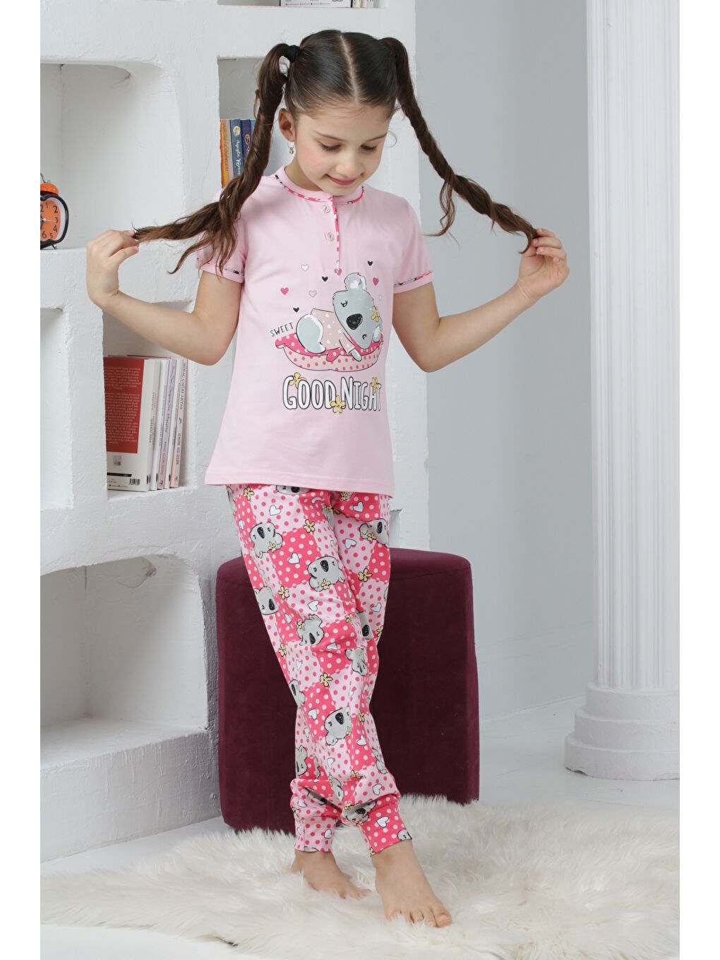 Kapi Kids Pembe Kız Çocuk Ayıcık Baskılı - 2 Düğmeli Pijama Takımı 7-11 Yaş Mnx6065