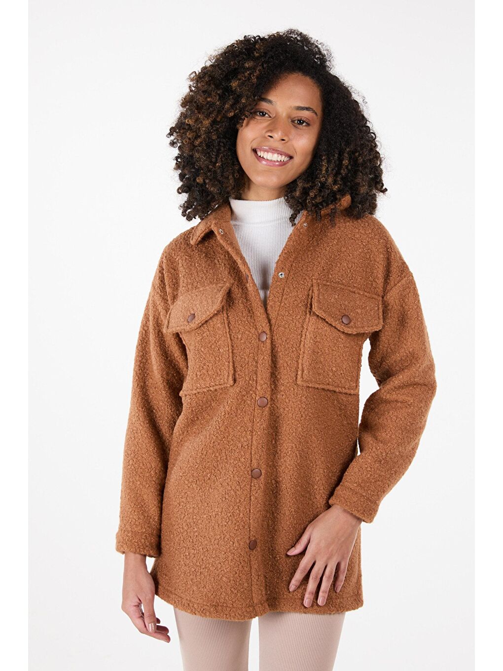 Kahverengi Gömlek Yaka Kadın Taba Kaşe Kaban - 23436-7