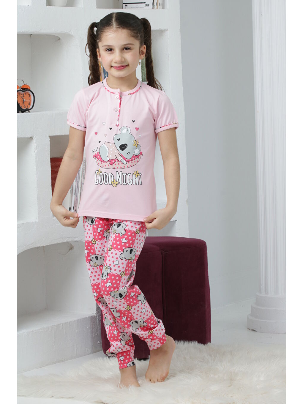 Kapi Kids Pembe Kız Çocuk Ayıcık Baskılı - 2 Düğmeli Pijama Takımı 7-11 Yaş Mnx6065 - 1