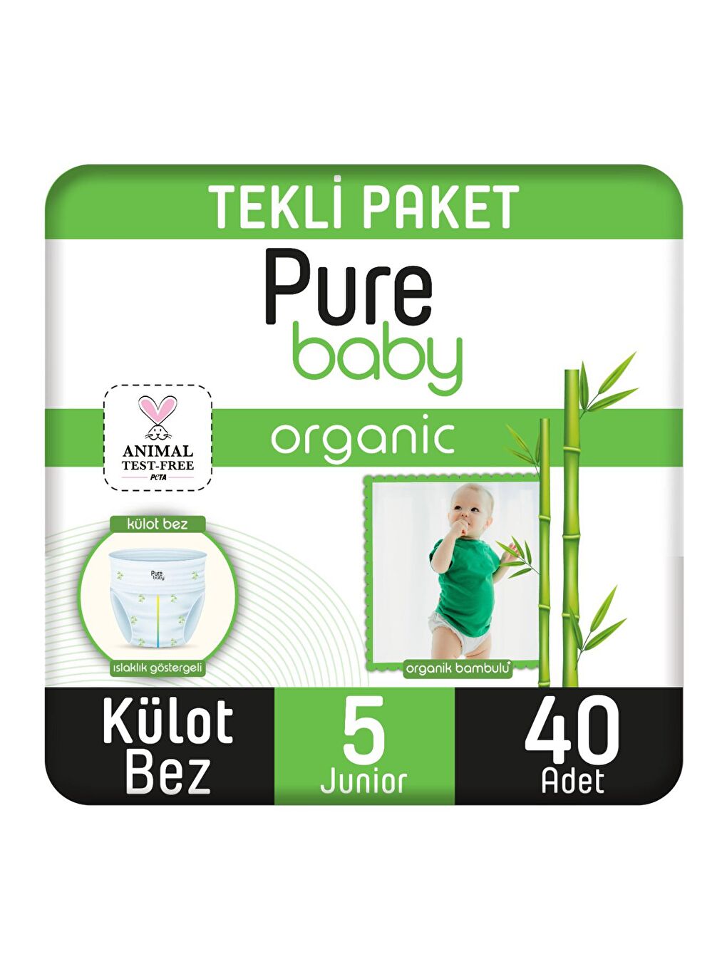 Pure Baby Renksiz Organik Bambu Özlü Külot Bez Tekli Paket 5 Numara Junior 40 Adet