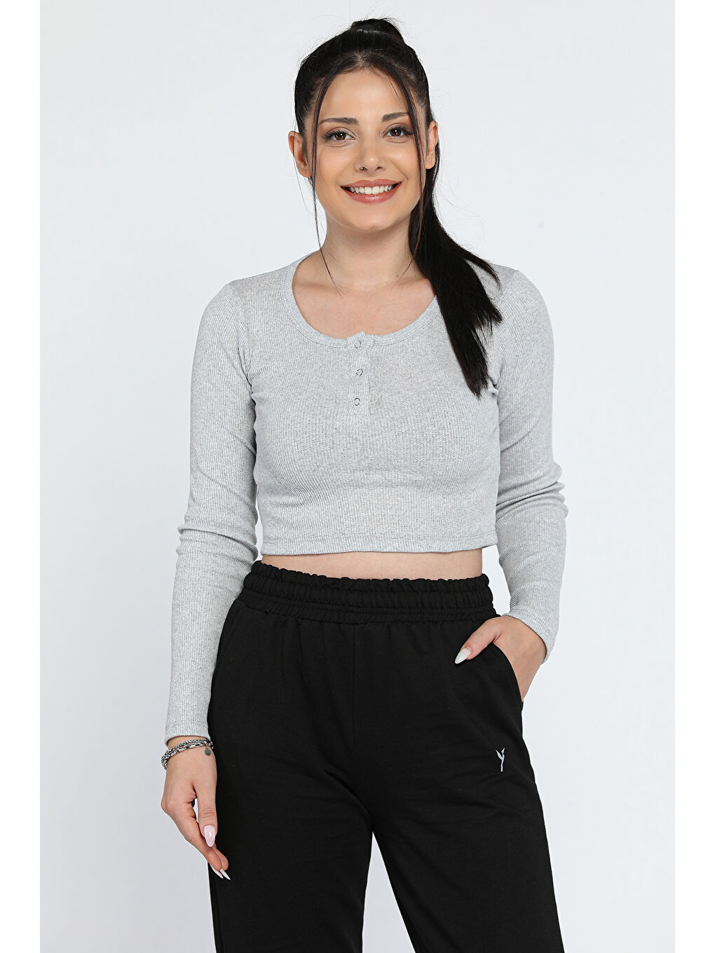 GÜLSELİ Gri Kaşkorse Elastanlı Ön Çıtçıtlı Crop Top Bluz