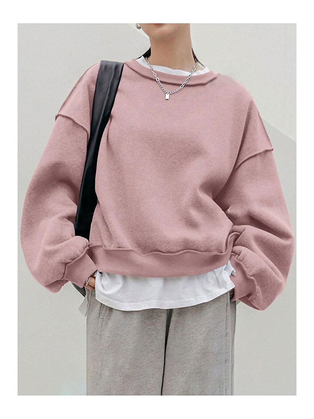 Trendseninle Pembe Kadın Gül Kurusu Dikiş Detaylı Bisiklet Yaka Sweatshirt