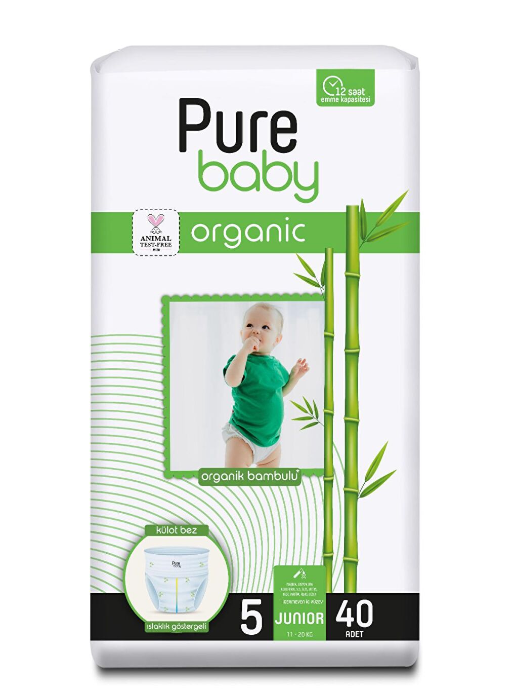 Pure Baby Renksiz Organik Bambu Özlü Külot Bez Tekli Paket 5 Numara Junior 40 Adet - 1