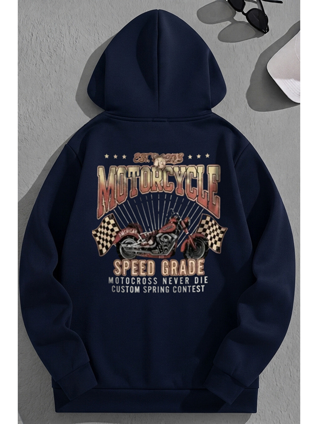 Unisex 3 İplik Pamuklu Lacivert Motorcyclesg Baskı Bol Kalıp Sweatshirt Hoodie