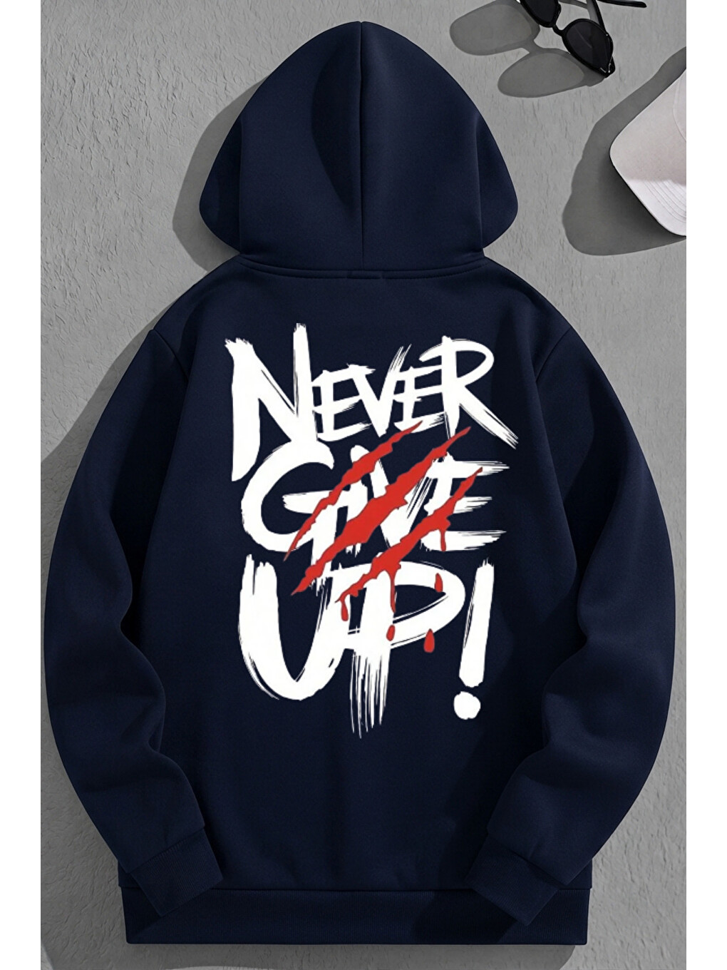 Unisex 3 İplik Pamuklu Lacivert Nevergiveup Baskı Bol Kalıp Sweatshirt Hoodie