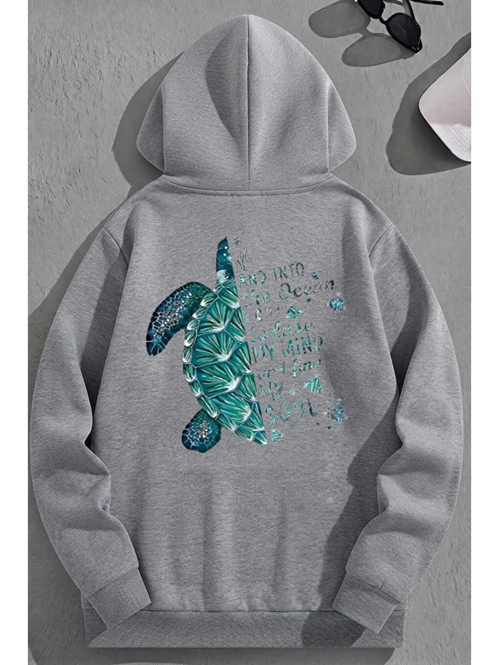 Unisex 3 İplik Pamuklu Gri Caretta Baskı Bol Kalıp Sweatshirt Hoodie