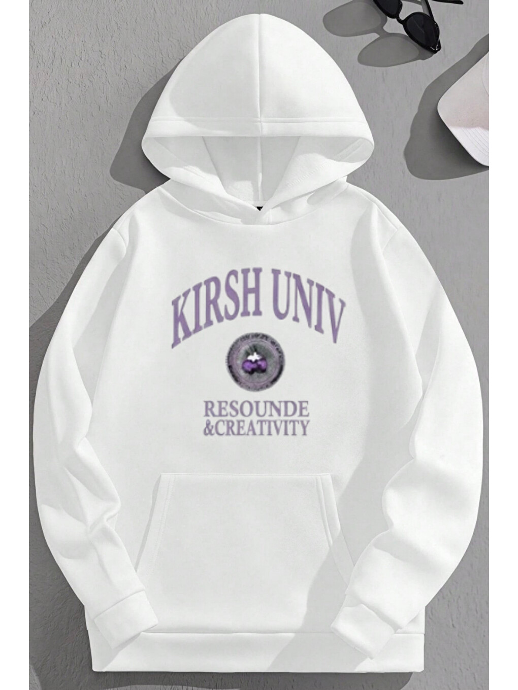 Unisex 3 İplik Pamuklu Beyaz Kırshunıv Baskı Bol Kalıp Sweatshirt Hoodie
