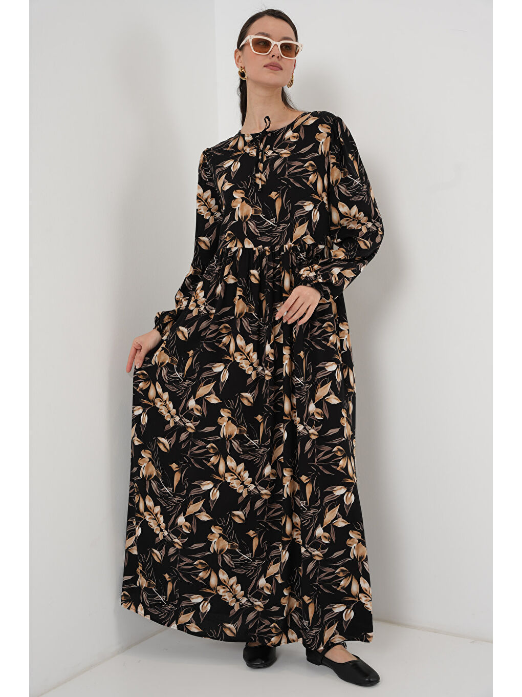 1947 Desenli Uzun Elbise - L. Siyah-2